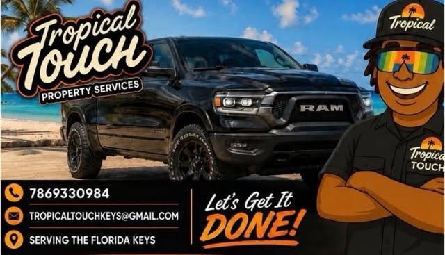 Tropical Touch flyer showing their truck and the smiling mascot in sunglasses