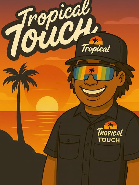 The Tropical Touch mascot in front of a Keys sunset