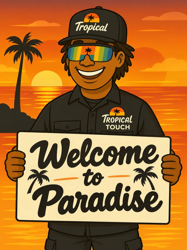 The Tropical Touch mascot holding a Welcome to Paradise poster at a Florida Keys sunset